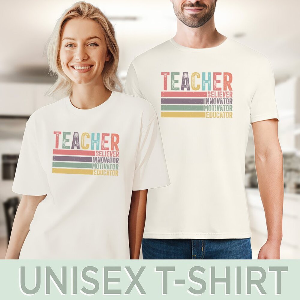 Teacher Graphic Shirt Colorful Believer Innovator Motivator Educator Tee - Picture 5 of 6
